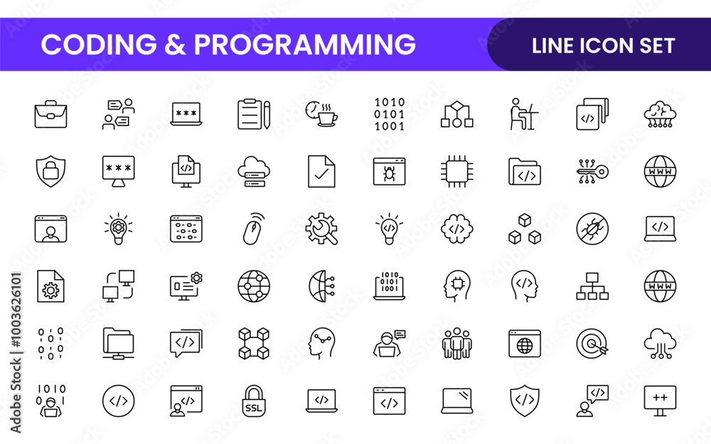 Programming coding set of web icons in line style. Software development icons for web and mobile app. Code, api, programmer, developer, information technology, coder and more.