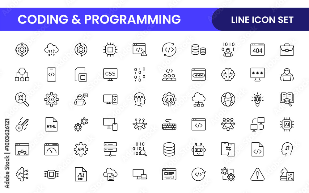 Programming coding set of web icons in line style. Software development icons for web and mobile app. Code, api, programmer, developer, information technology, coder and more.