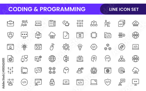 Programming coding set of web icons in line style. Software development icons for web and mobile app. Code, api, programmer, developer, information technology, coder and more.