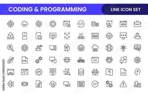Programming coding set of web icons in line style. Software development icons for web and mobile app. Code, api, programmer, developer, information technology, coder and more.