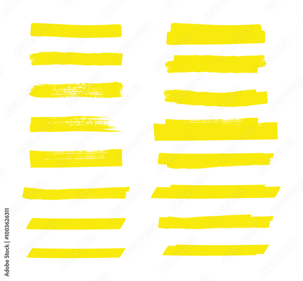Vector Yellow Highlighter Strokes, Hand Drawn Marker Lines, Brush Pen Underlines, Text Highlight Stripes, Doodle Scribbles, and Watercolor Marker Strokes, Ideal for Digital Art, Illustration, and Desi