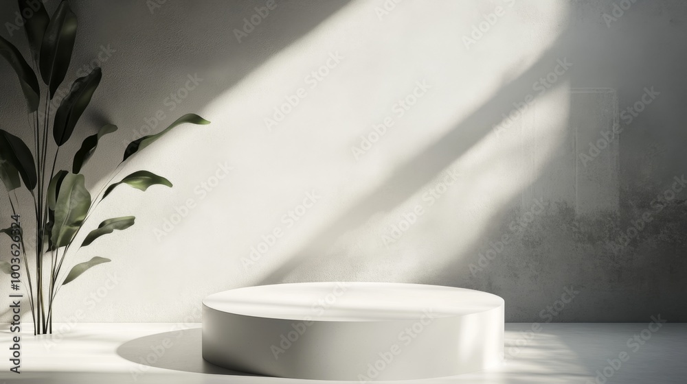 Softly lit white round podium with subtle shadow effects, offering a sophisticated and understated presentation space Softly lit white round podium with subtle shadow effects, offering a sophisticated and understated presentation space