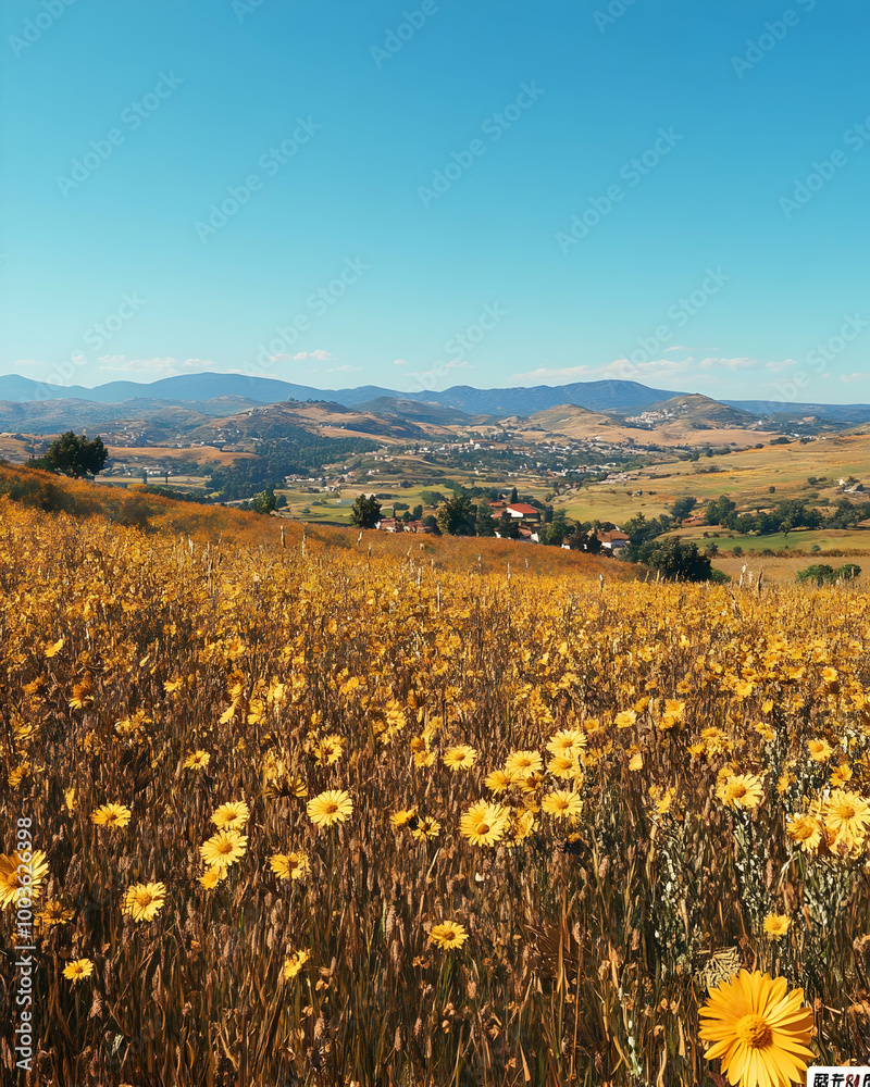 Fototapeta premium Yellow Flowers Field in a Mountainous Landscape - Illustration