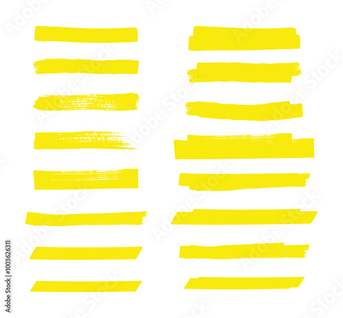 Vector Yellow Highlighter Strokes, Hand Drawn Marker Lines, Brush Pen Underlines, Text Highlight Stripes, Doodle Scribbles, and Watercolor Marker Strokes, Ideal for Digital Art, Illustration, and Desi