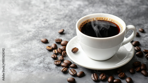 Aromatic Coffee Break: Steaming Cup of Dark Roast with Scattered Beans on Rustic Gray Surface