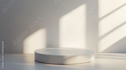 Softly lit white round podium with well-defined shadows, providing a sophisticated and elegant setting for premium items