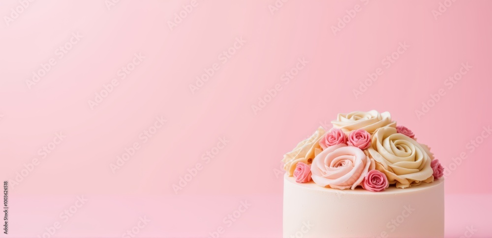 An elegant cake decorated with realistic pink and cream-colored sugar roses, set against a soft pink background. Ideal for special celebrations with copy space for text... An elegant cake decorated with realistic pink and cream-colored sugar roses, set against a soft pink background. Ideal for special celebrations with copy space for text...