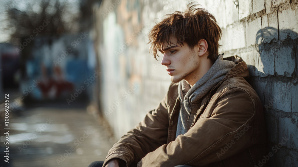Depressed young and handsome man, photography, bright scenery, urban Depressed young and handsome man, photography, bright scenery, urban