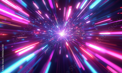 Explosive Neon Light Burst with Radiant Blue and Pink Beams – Futuristic Space Travel Effect with High-Speed Motion and Abstract Starfield