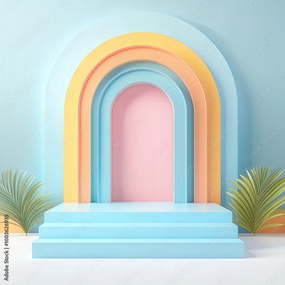 Fototapeta premium Pastel Rainbow Archway with Steps and Plants.