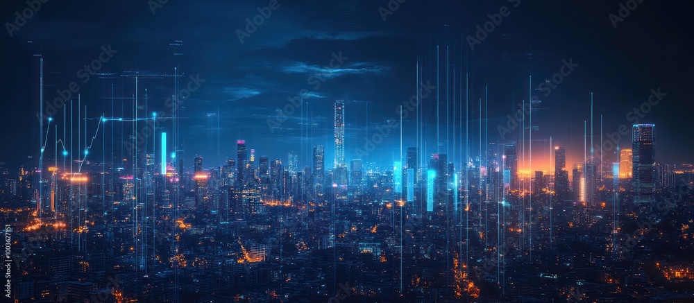Night cityscape with glowing skyscrapers and digital lines in the sky. Night cityscape with glowing skyscrapers and digital lines in the sky.