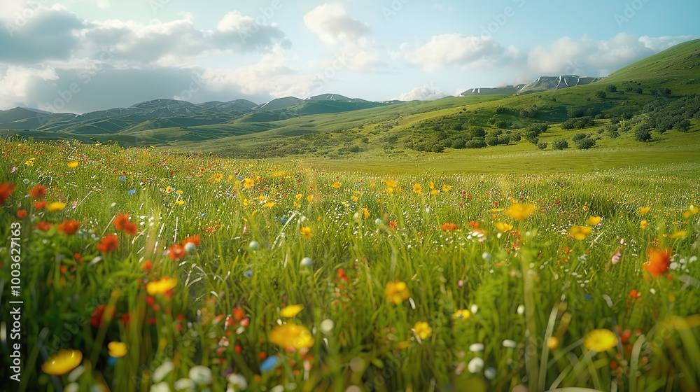 A beautiful and diverse grassland ecosystem with wildflowers in bloom, gently rolling hills, and native grasses swaying in the breeze A beautiful and diverse grassland ecosystem with wildflowers in bloom, gently rolling hills, and native grasses swaying in the breeze