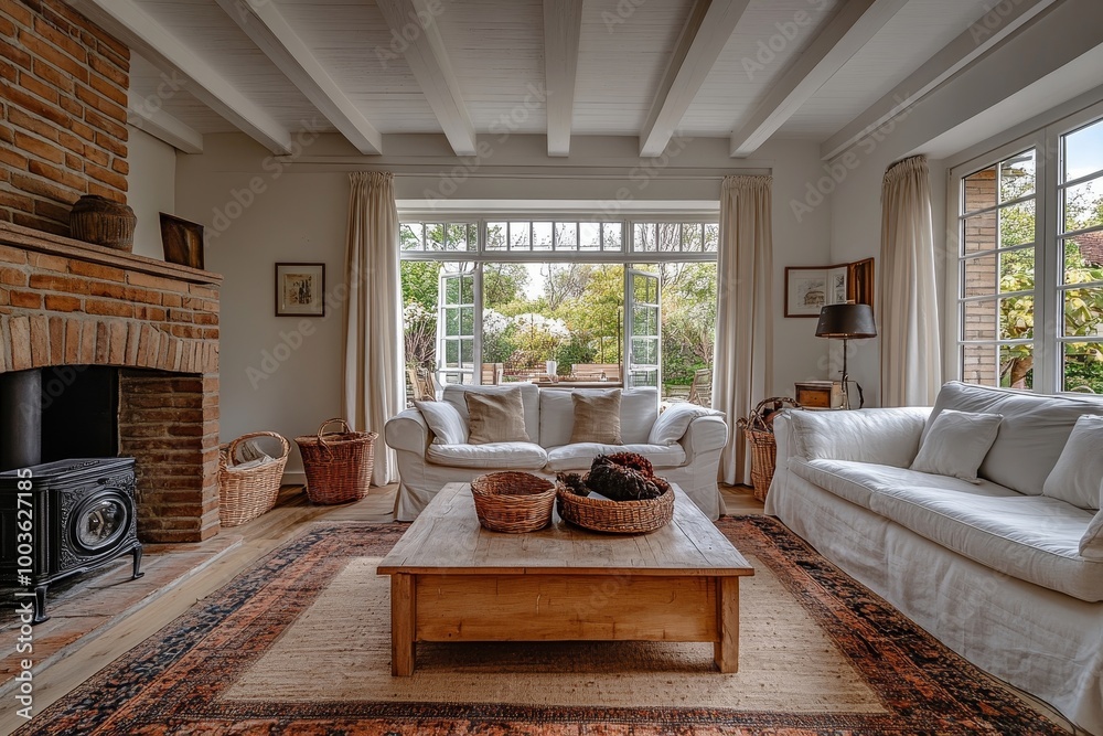 Naklejka premium Farmhouse, country interior design of modern living room, home, Generative AI