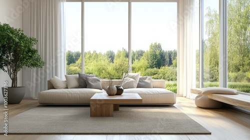 Contemporary living room with neutral decor and large windows, leaving room for copy.