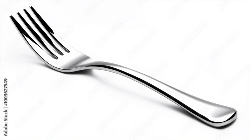 A sleek stainless steel fork isolated on a clean white background, ideal for showcasing minimalist kitchenware design. A sleek stainless steel fork isolated on a clean white background, ideal for showcasing minimalist kitchenware design.