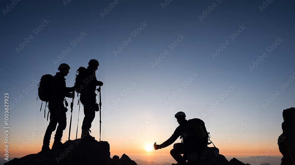 Obraz premium 相互援助によって山頂にたどり着いた登山者たちのシルエットが描くチームワーク。生成AI