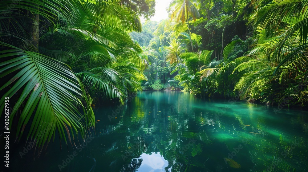 A beautiful and secluded rainforest lagoon surrounded by dense foliage, with crystal-clear water reflecting the vibrant greenery A beautiful and secluded rainforest lagoon surrounded by dense foliage, with crystal-clear water reflecting the vibrant greenery