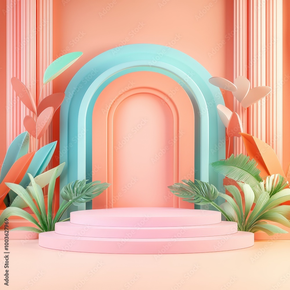 Pastel Pink and Blue Archway with Podium for Product Display. Pastel Pink and Blue Archway with Podium for Product Display.