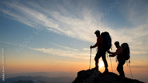 山頂に立つ登山者たちのシルエットが描く、助け合いとチームワークの重要性。生成AI