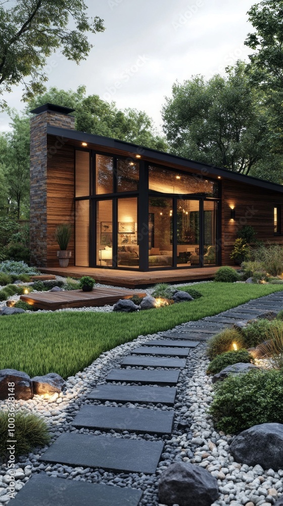 Fototapeta premium A house with a large window and a fireplace
