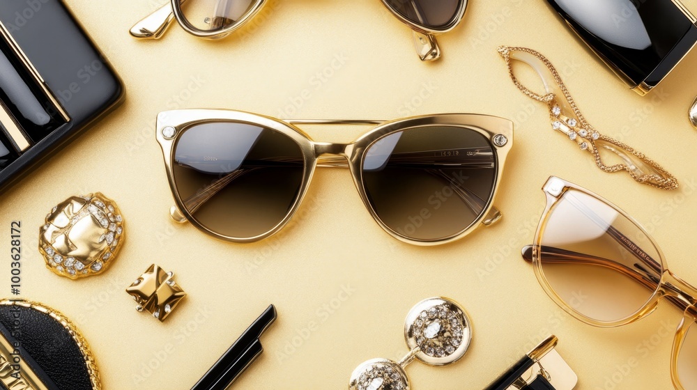 Trendy sunglasses and accessories arranged on a smooth gold surface Trendy sunglasses and accessories arranged on a smooth gold surface
