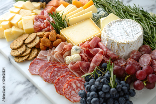 A beautifully arranged charcuterie board filled with artisanal cheeses, cured meats, fresh fruits, and crackers on a marble surface, Breakfast board selection