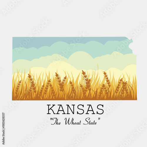 Kansas Wheat State Illustration, Iconic Wheat Field Art of The Wheat State USA