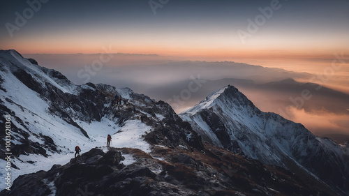 チームワークで登頂に成功した登山者たちのシルエットが示す、信頼と達成感。生成AI