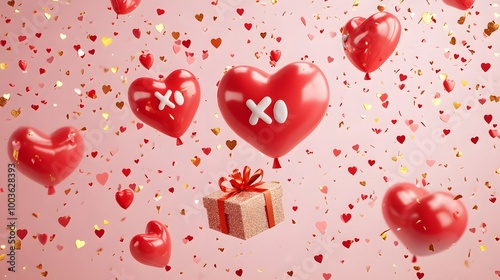 Romantic creative composition. Happy Valentine's Day. Realistic 3d festive decorative objects, heart shaped balloons and XO symbol, falling gift box, glitter gold confetti. Holiday banner and poster. 