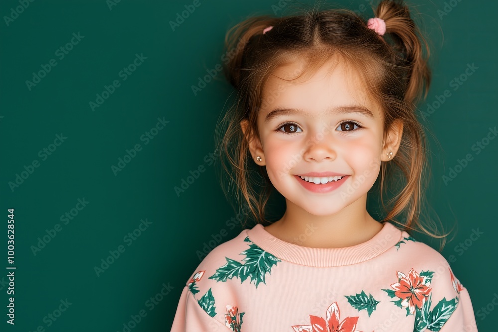 smiling little girl wearing sweatshirt with poinsettia floral print, copy space, solid color dark green background smiling little girl wearing sweatshirt with poinsettia floral print, copy space, solid color dark green background