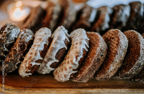 Fotografie close up of stack of chocolate frosted donuts on a table