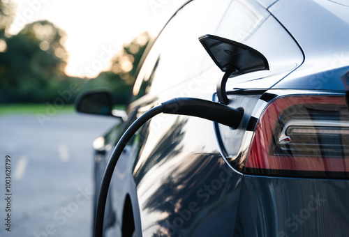 Close up of EV charger plugged into electic vehicle outside.