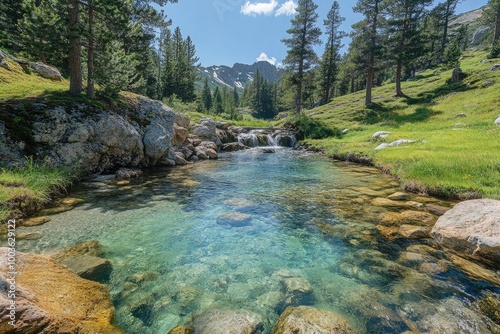 Crystal clear water flowing down a mountain stream surrounded by trees photo