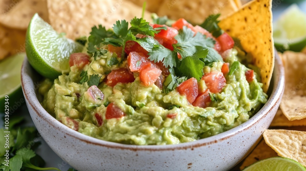A bowl of guacamole with tortilla chips on the side, garnished with fresh cilantro, lime wedges, and diced tomatoes. A bowl of guacamole with tortilla chips on the side, garnished with fresh cilantro, lime wedges, and diced tomatoes.