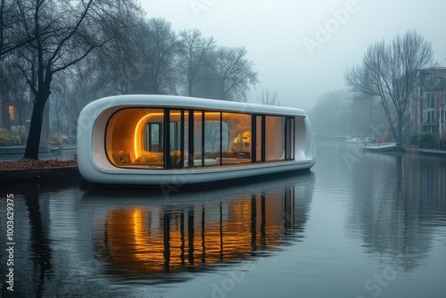 Modern houseboat floating on water with lights illuminating windows at night