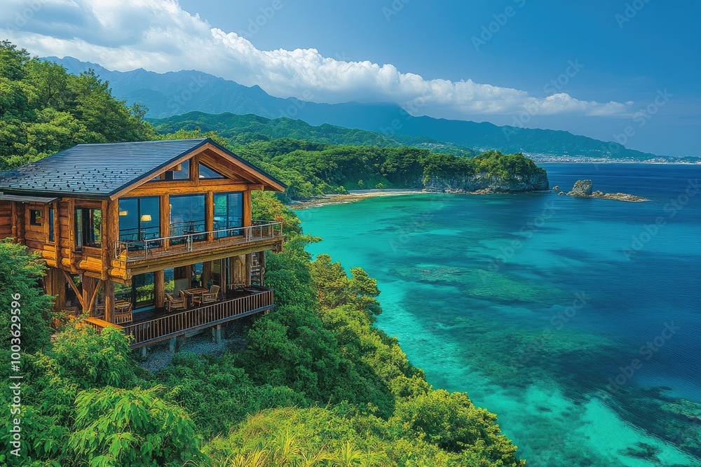 Luxurious log cabin overlooking tranquil turquoise cove on sunny day Luxurious log cabin overlooking tranquil turquoise cove on sunny day