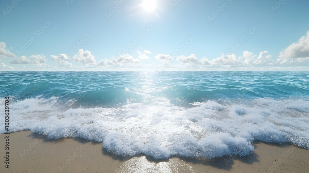 Beach Scene with Foamy Waves and Sunny Sky - Realistic 3D Illustration Beach Scene with Foamy Waves and Sunny Sky - Realistic 3D Illustration