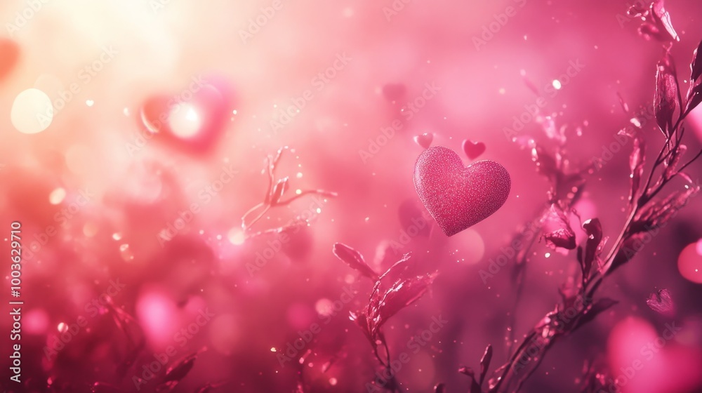 Warm pink tones with delicate heart patterns and dreamy light effects, creating a sweet Valentine Day theme