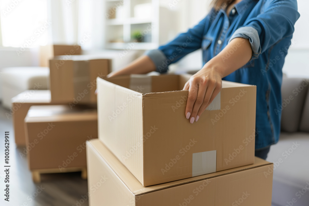Woman handling moving boxes while organizing in a bright living room Woman handling moving boxes while organizing in a bright living room
