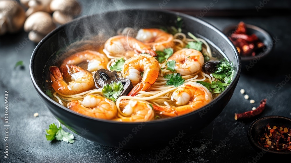 A bowl of spicy prawn soup served with fresh noodles, with prawns, mushrooms, and herbs mixed into the fragrant, steaming broth. A bowl of spicy prawn soup served with fresh noodles, with prawns, mushrooms, and herbs mixed into the fragrant, steaming broth.