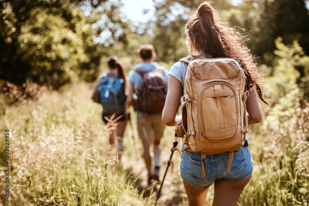 A group of friends hiking on a trail in the woods with backpacks and hiking poles. A group of friends hiking on a trail in the woods with backpacks and hiking poles.
