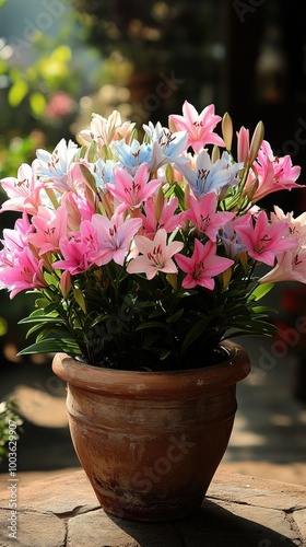 Beautiful pink and white lilies blooming in terracotta pot