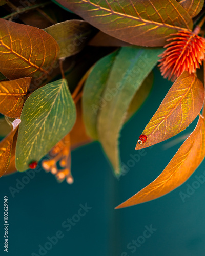 small red ladybug on a autumn colored wreath photo