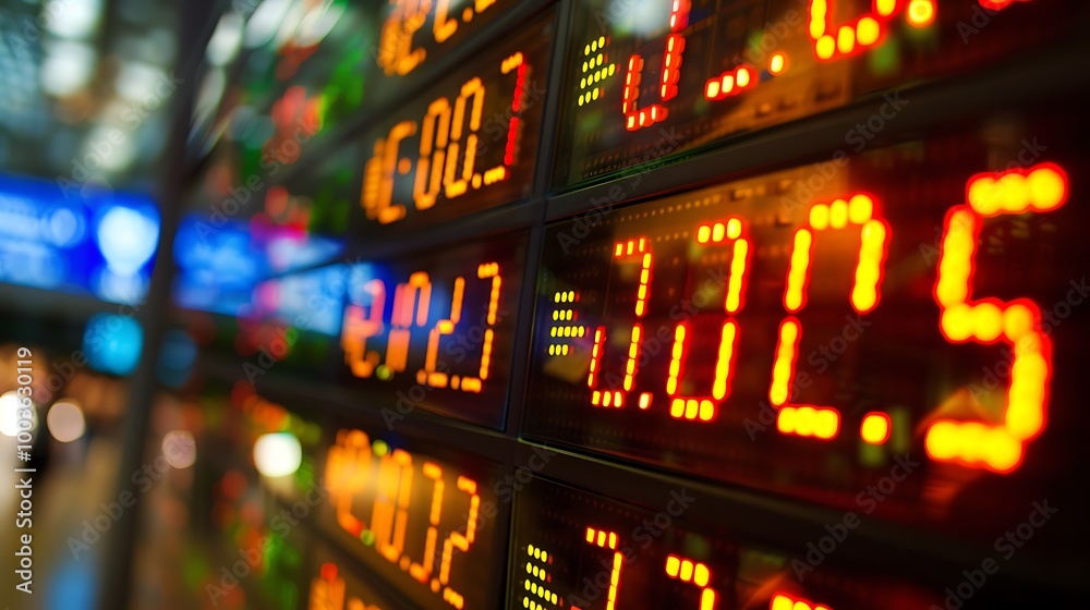 Close-up shot of an orange digital display with numbers on a dark background. Close-up shot of an orange digital display with numbers on a dark background.