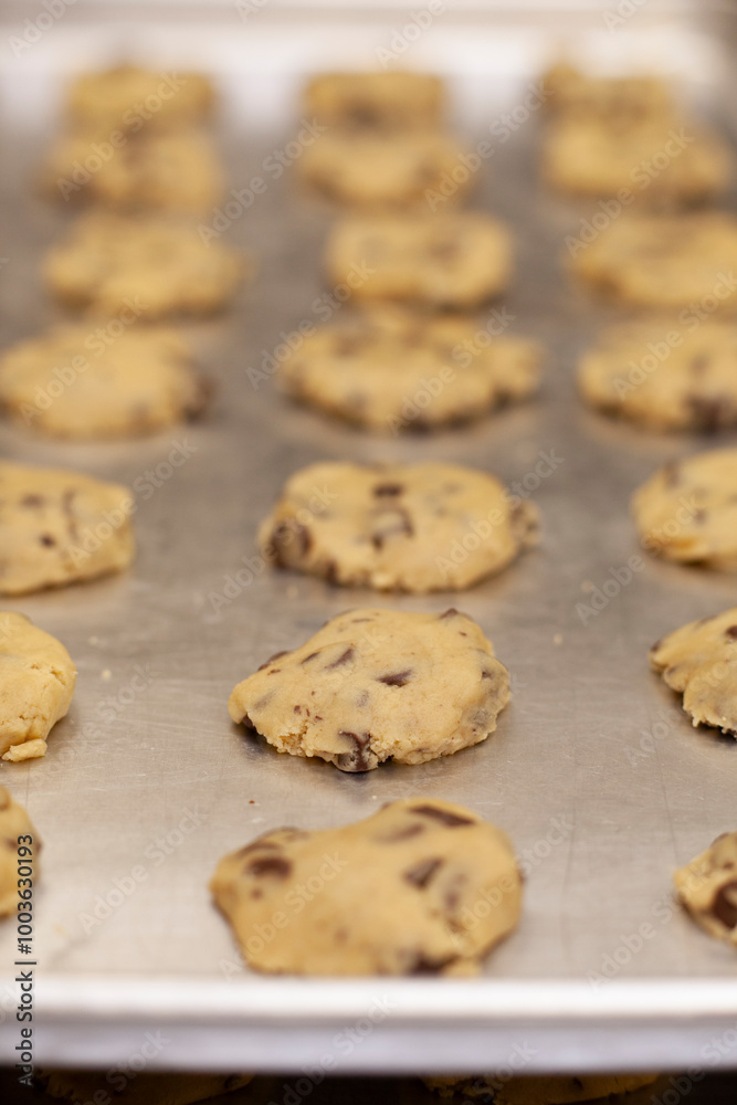 Close up on rows of chocolate chip cookie dough on sheet pan Close up on rows of chocolate chip cookie dough on sheet pan