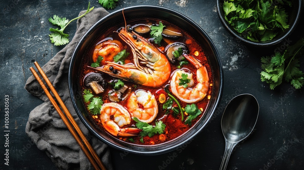 A bowl of spicy prawn soup with rich, red broth, prawns, mushrooms, and fresh herbs, with chopsticks and a spoon on the side. A bowl of spicy prawn soup with rich, red broth, prawns, mushrooms, and fresh herbs, with chopsticks and a spoon on the side.