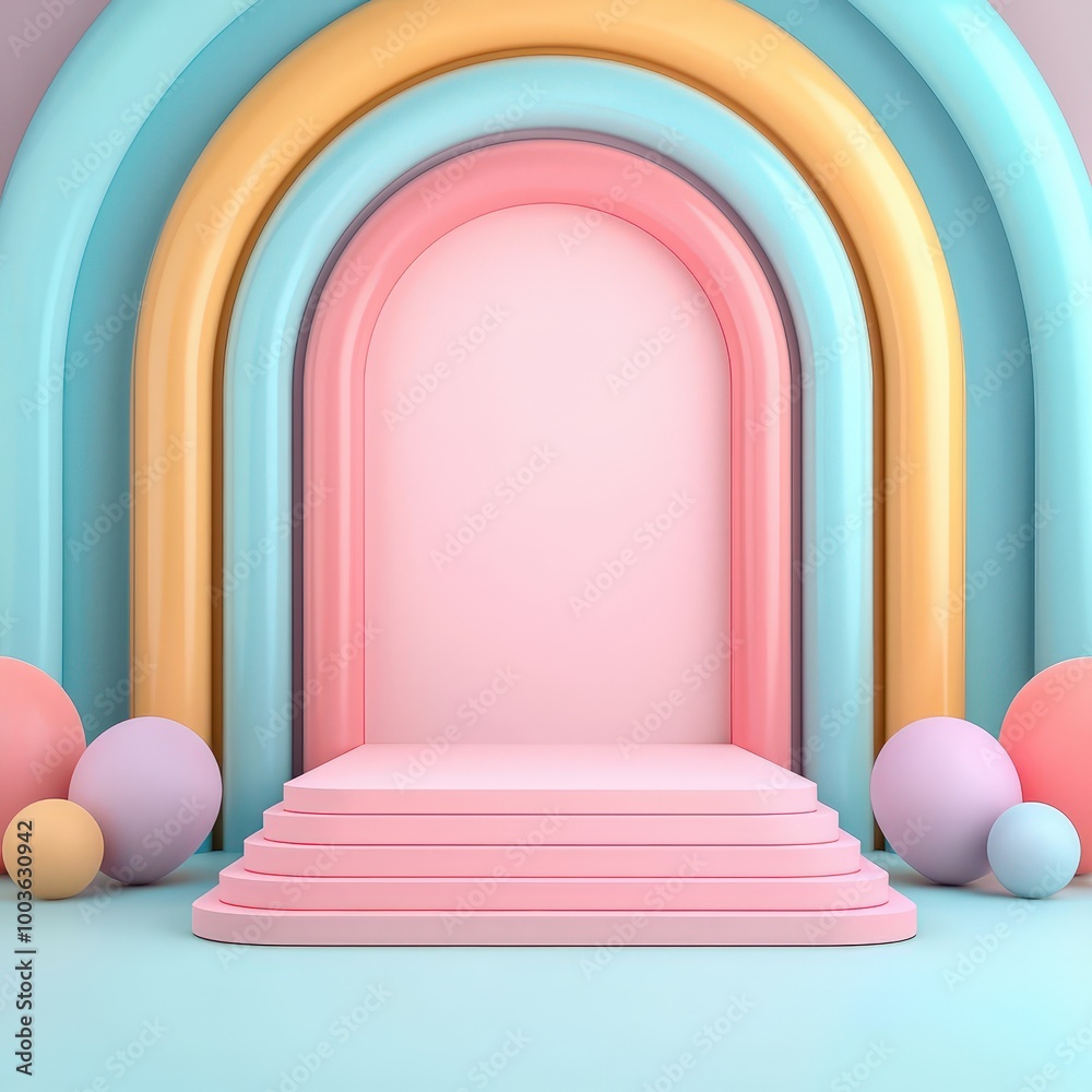 Colorful Rainbow Arch with Pink Steps and Pastel Spheres. Colorful Rainbow Arch with Pink Steps and Pastel Spheres.