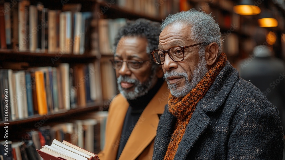 Two older men in a library, engaged in conversation, surrounded by books. Two older men in a library, engaged in conversation, surrounded by books.