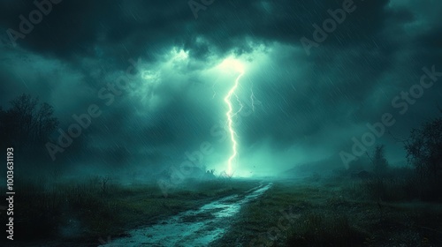 A single lightning bolt strikes a misty, dark forest landscape during a powerful thunderstorm.