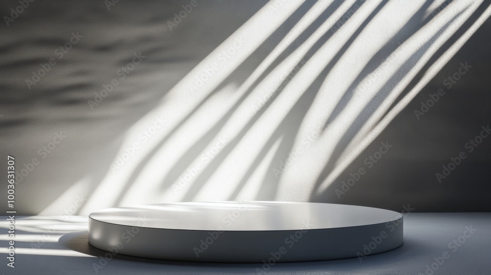 White round podium with dramatic spotlighting and intricate shadows, adding depth and visual interest to the presentation White round podium with dramatic spotlighting and intricate shadows, adding depth and visual interest to the presentation